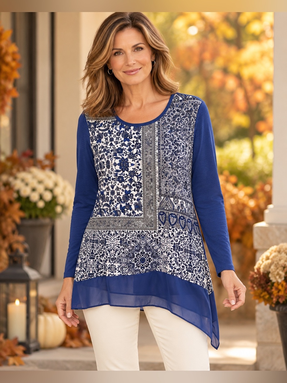 Chico’s Blue Patchwork Tunic Blouse Sharkbite Hem Size 2 Large